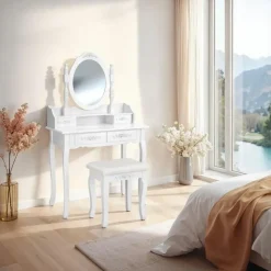 tectake Makeup-tafel met spiegel en hocker in antieke look, Wit