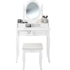 tectake Makeup-tafel met spiegel en hocker in antieke look, Wit