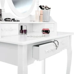 tectake Makeup-tafel met spiegel en hocker in antieke look, Wit
