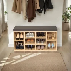 tectake Schoenenkast met zitkussen 103,5x48x30cm, Donkergrijs/eiken Licht