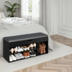 tectake Schoenenkast Natalya met zitkussen 104x30x49cm, Zwart