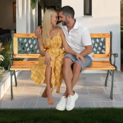 tectake Tuinbank Tamara 2-zitter van hout en gietijzer 128x51x73cm, Bruin