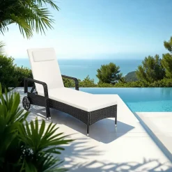 tectake Wicker ligbed met wielen, Zwart/beige