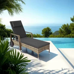 tectake Wicker ligbed met wielen, Natuur/donkergrijs