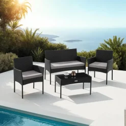 tectake Wicker loungeset Palese voor 4 personen - Zwart