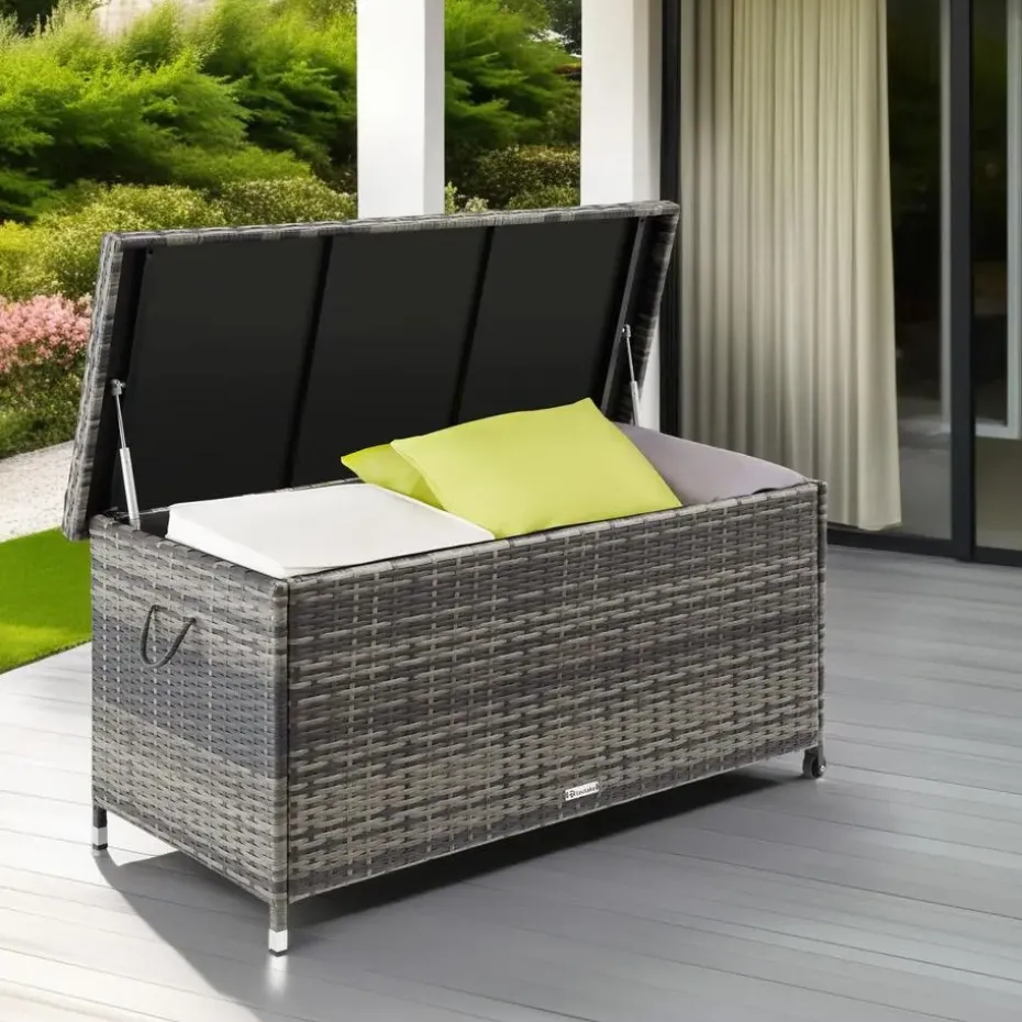 tectake Wicker opbergbox Kiruna met kunststof gaas, 120x55x61,5cm, 270l, Grijs