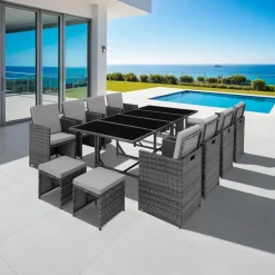 tectake Wicker tuinset Palma 8+4+1 met beschermhoes - Grijs/lichtgrijs