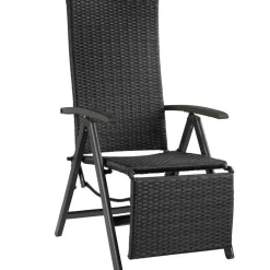 tectake Wicker tuinstoel opklapbaar met aluminium frame en voetsteun, Zwart