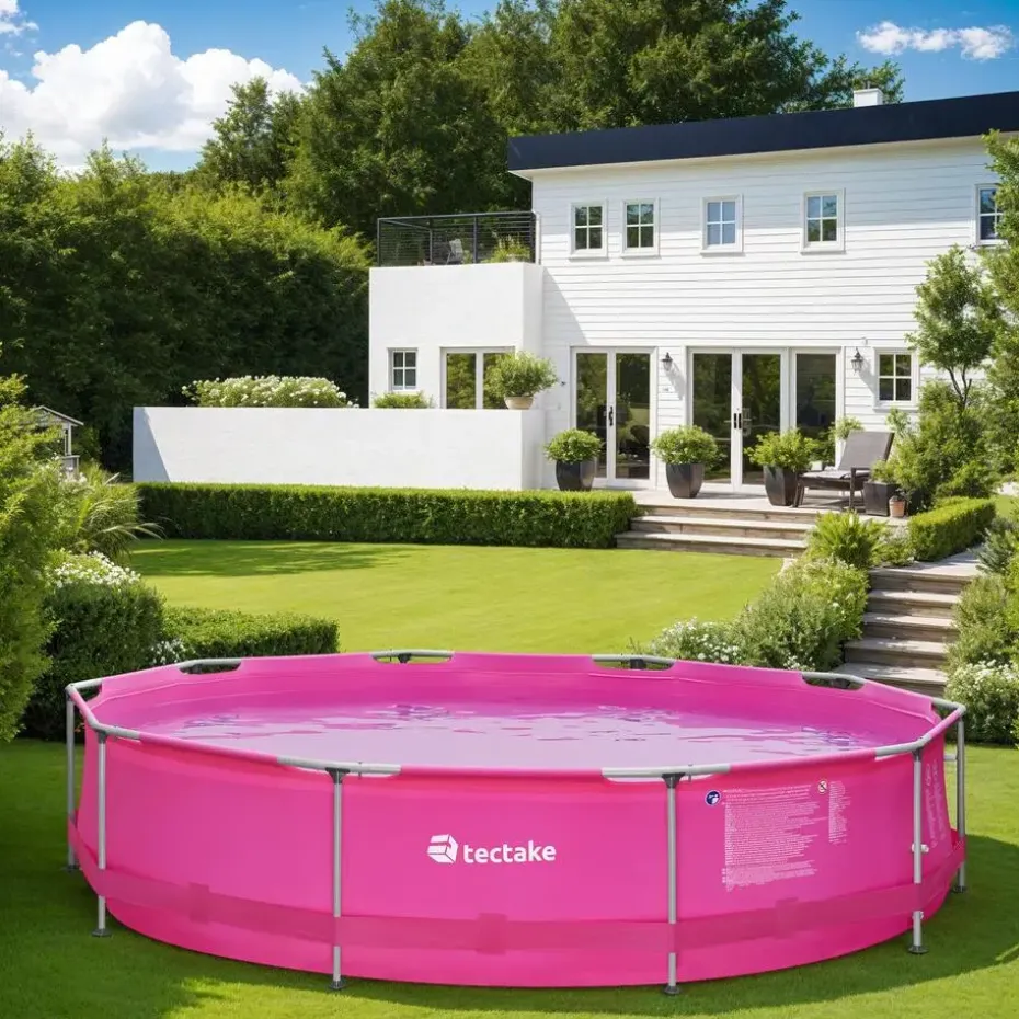 tectake Zwembad rond met stalen frame en filterpomp Ø 360 x 76 cm, Pink