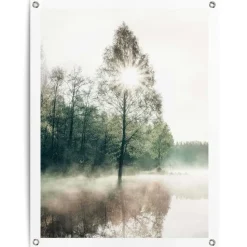 Tuinposter Zon door de bomen - 80 x 60cm - Groen