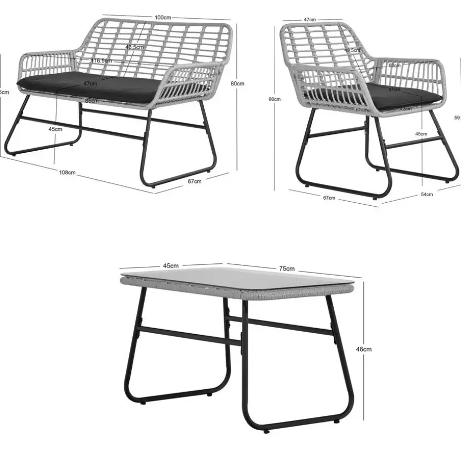 Tuinset van rotan en metaal in zwart