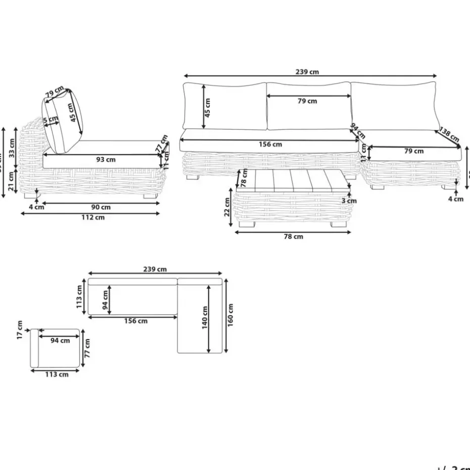 VARALLO - Loungeset 4-zits - Gebroken wit - Linkszijdig - Rotan