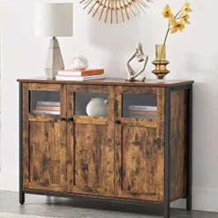 Vasagle Dressoir in industriële stijl met glazen deuren, rustiek bruin en zwart