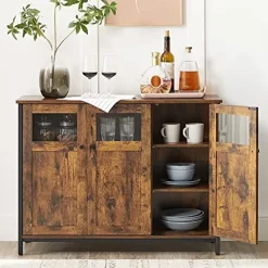 Vasagle Dressoir in industriële stijl met glazen deuren, rustiek bruin en zwart