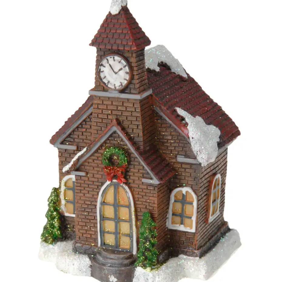 Verlicht kerstkerkje - rood dak - polystone - 13 cm