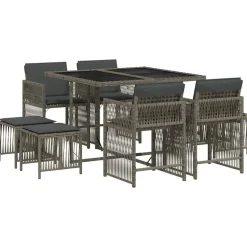 vidaXL - 9 delige Tuinset donkergrijs kussens 4 krukken - PE rattan - 110x106 cm