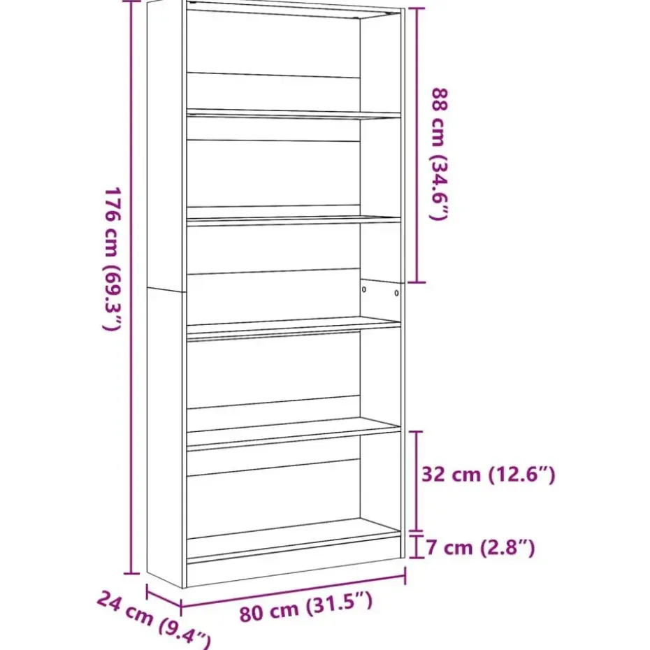 vidaXL - Boekenkast met 5 vakken - Betongrijs - Bewerkt hout - 80x24x176 cm