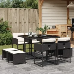 vidaXL - 9-delige Tuinset 4 krukken wit kussens - Zwart - PE rattan - 110x106 cm