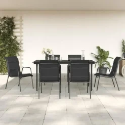 vidaXL - 7-delige Tuinset - Zwart - Textileen met voering en staal - 160x80 cm