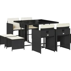 vidaXL - 9-delige Tuinset wit kussens 4 krukken - Zwart - PE rattan - 110x106 cm