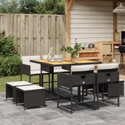 vidaXL - 9-delige Tuinset wit kussens 4 krukken - Zwart poly rattan - 110x106 cm