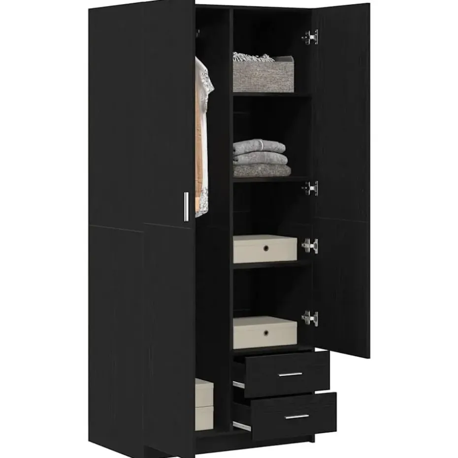 vidaXL - 2-deurs Kledingkast met 2 lades - Bewerkt hout - Zwart - 80x52x180 cm