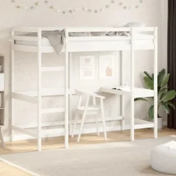 vidaXL - Hoogslaper met bureau - Wit - Massief grenenhout - 90x190 cm