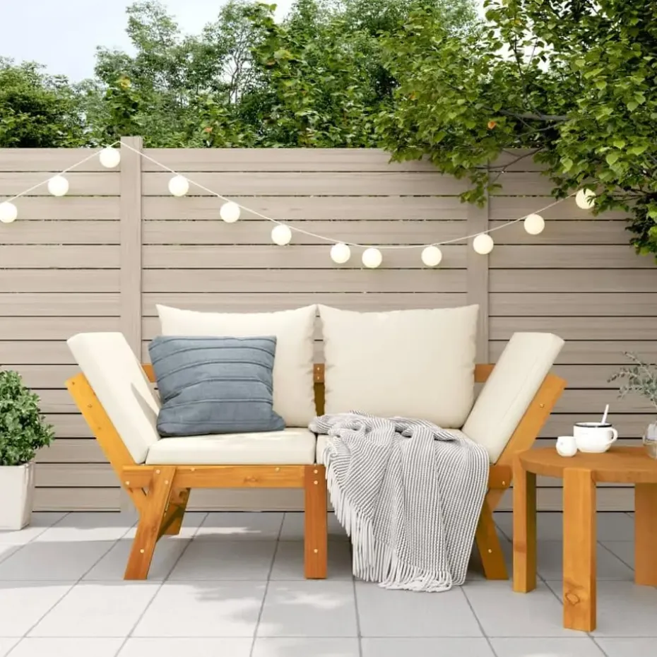 vidaXL - 2-in-1 Loungebank met crème kussens - Massief acaciahout - 205x74x66 cm