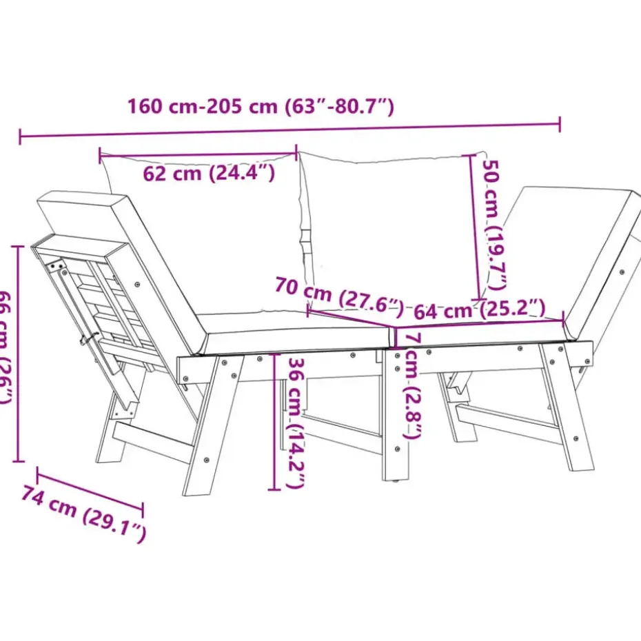 vidaXL - 2-in-1 Loungebank met crème kussens - Massief acaciahout - 205x74x66 cm