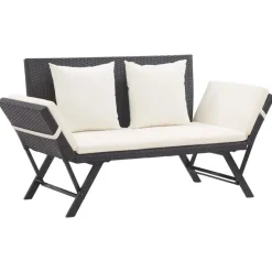 vidaXL - 2-in-1 Tuinbankje met kussens - Zwart - Poly rattan - 176x70x80 cm