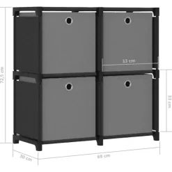 vidaXL - Kast met 4 vakken en grijs stof boxen - Zwart - 69x30x72.5 cm