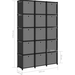 vidaXL - Kast met 15 vakken en grijs stof boxen - Zwart - 103x30x175.5 cm
