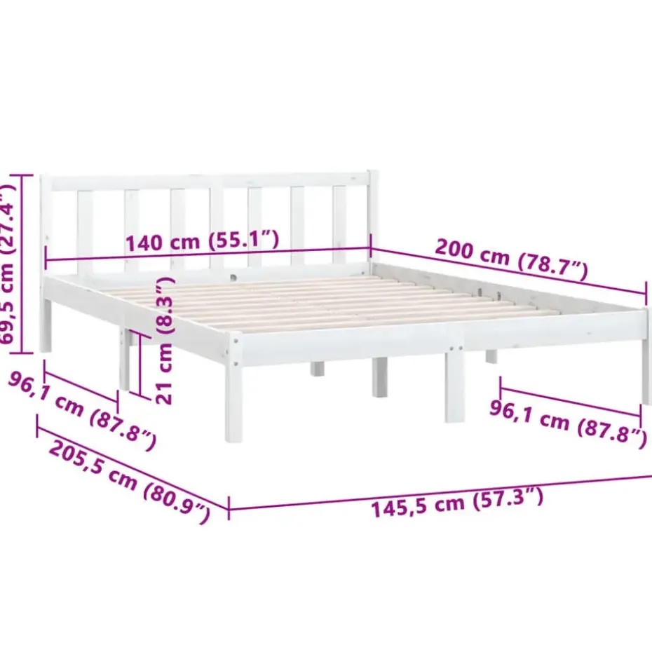 vidaXL - Klein Tweepersoonsbed frame - Wit - Massief grenenhout - 140x200 cm
