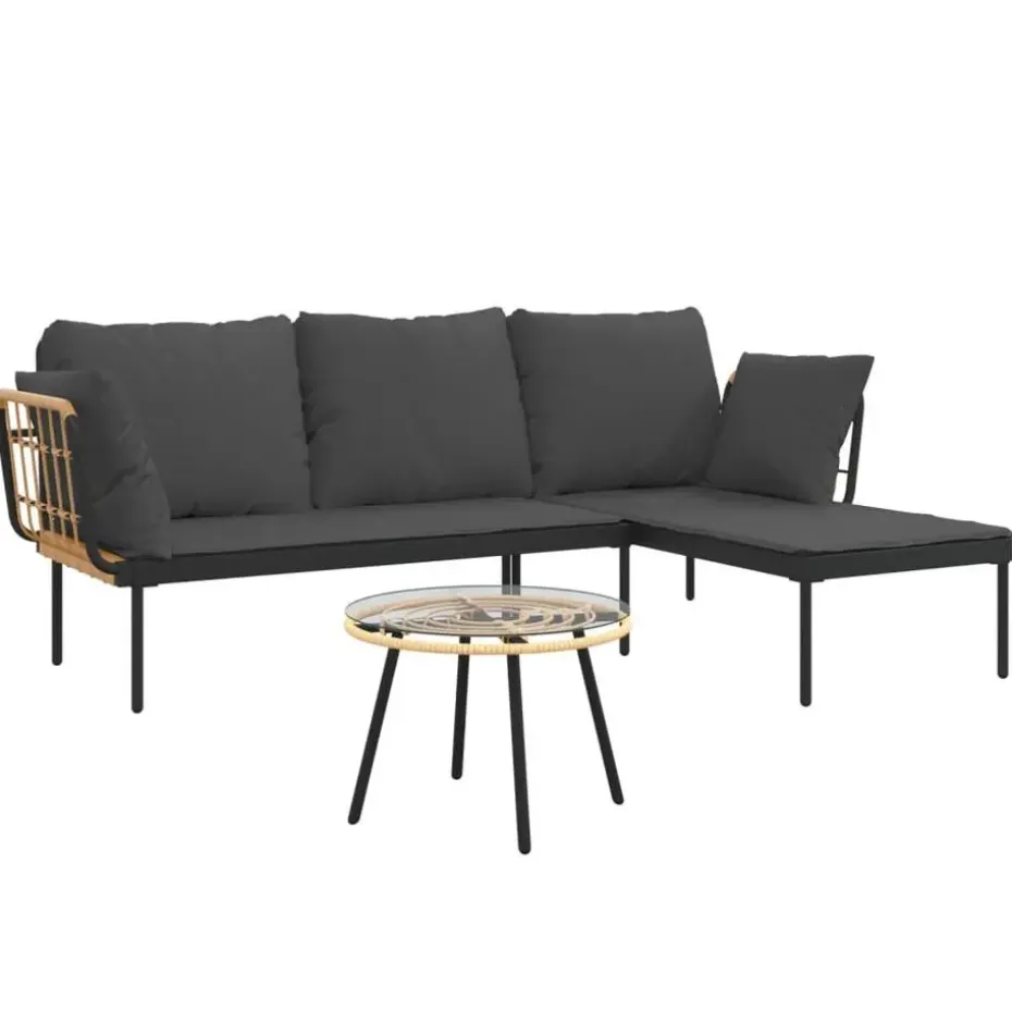 vidaXL - Loungeset - Donkergrijs - Poly rattan - 3 stuks - Met kussens