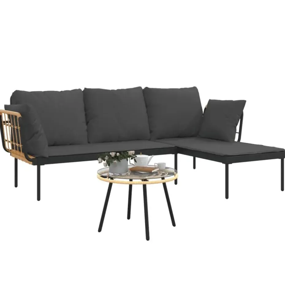 vidaXL - Loungeset - Donkergrijs - Poly rattan - 3 stuks - Met kussens