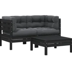 vidaXL - Loungeset - Zwart - Grenenhout - 3 stuks - Met kussens