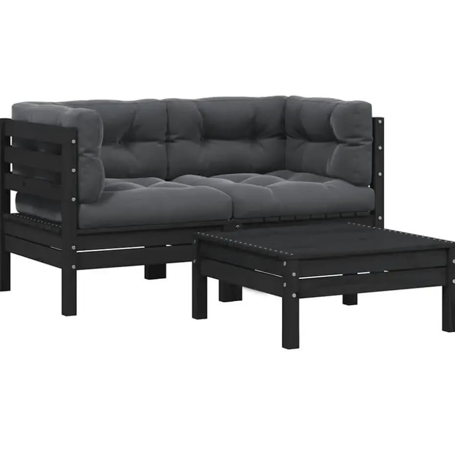 vidaXL - Loungeset - Zwart - Grenenhout - 3 stuks - Met kussens