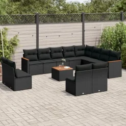 vidaXL - Loungeset - Zwart - Poly rattan - 13 stuks - Met kussens