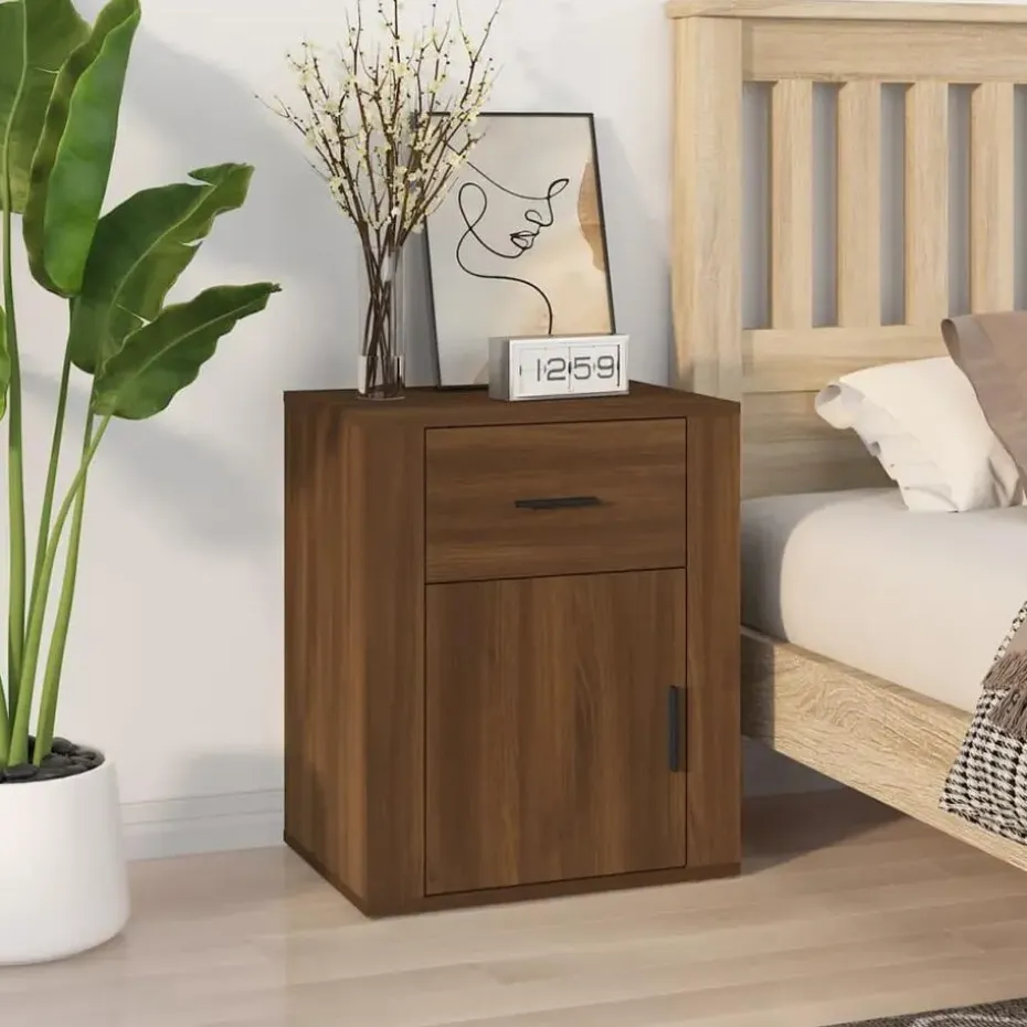 vidaXL - Nachtkastje met lade en deur - Bruin eiken - Bewerkt hout - 50x36x60 cm