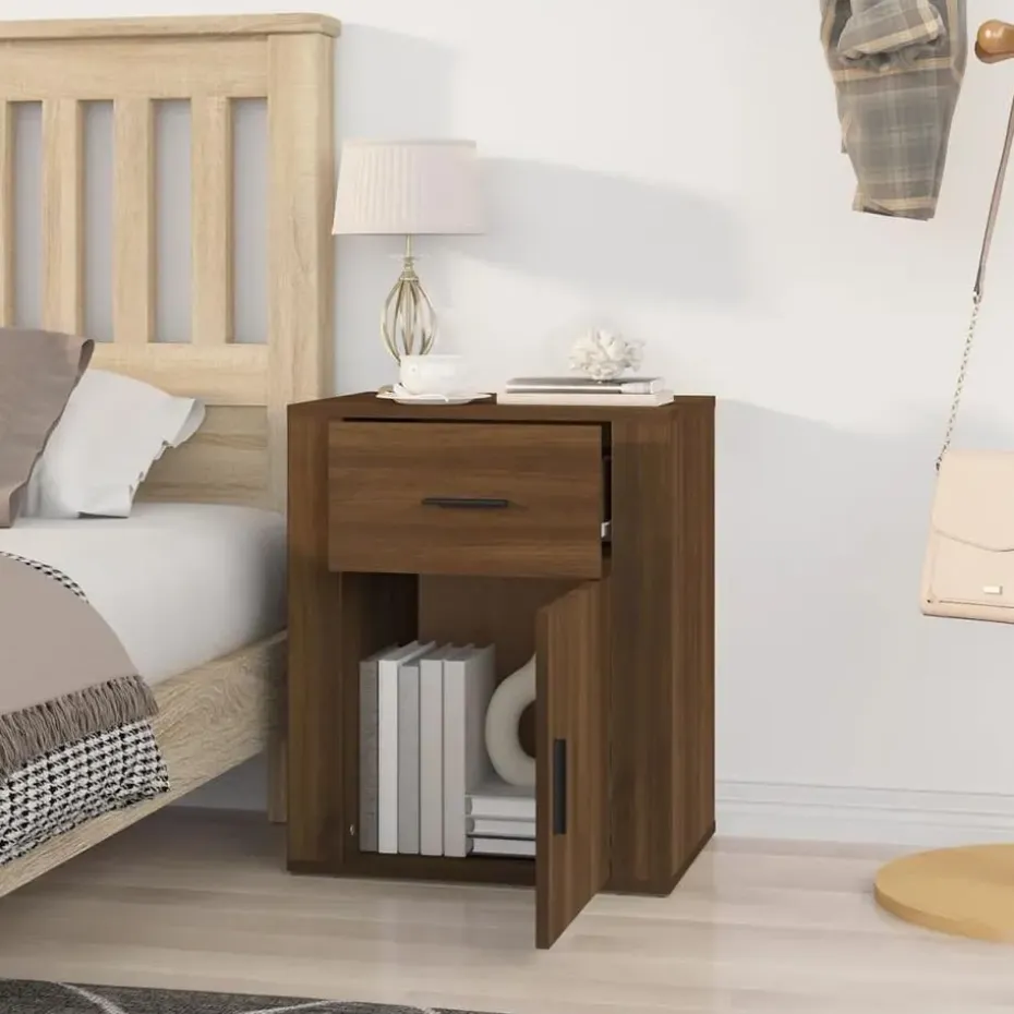 vidaXL - Nachtkastje met lade en deur - Bruin eiken - Bewerkt hout - 50x36x60 cm