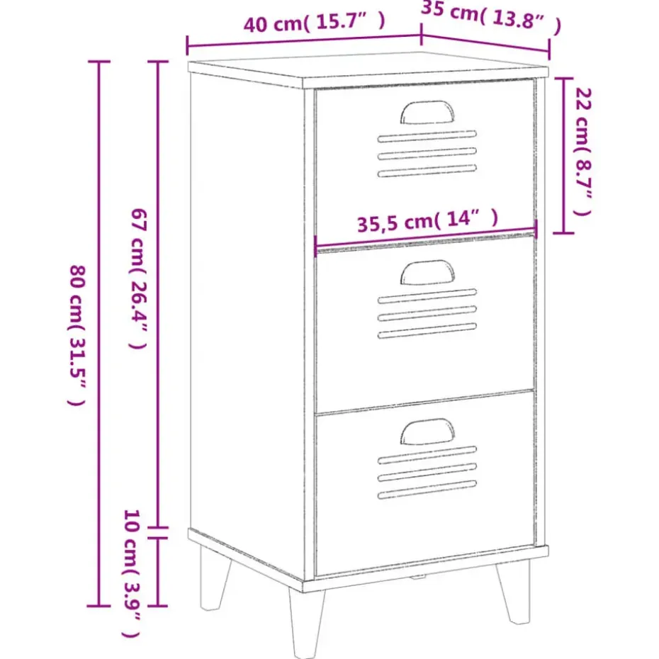vidaXL - Nachtkastje VIKEN met metalen poten en 3 lades - Zwart - 40x35x80 cm
