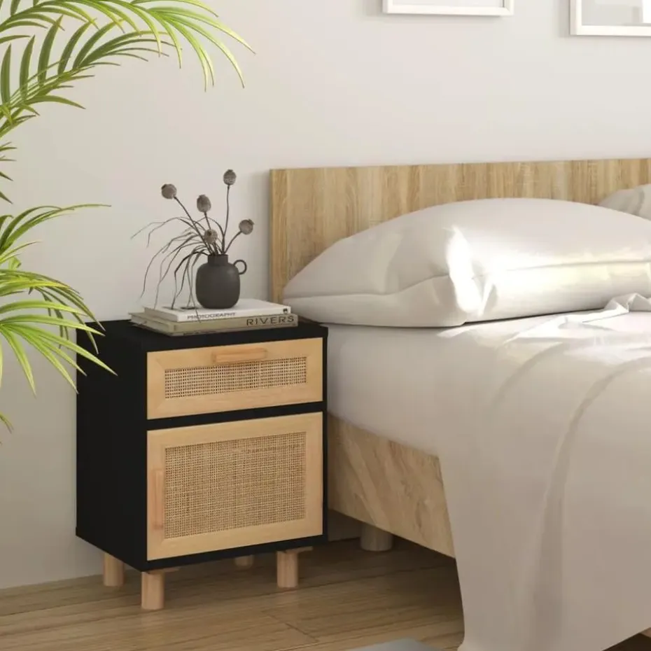 vidaXL - Nachtkastjes - Zwart - Grenenhout en natuurlijk rattan - 2 stuks