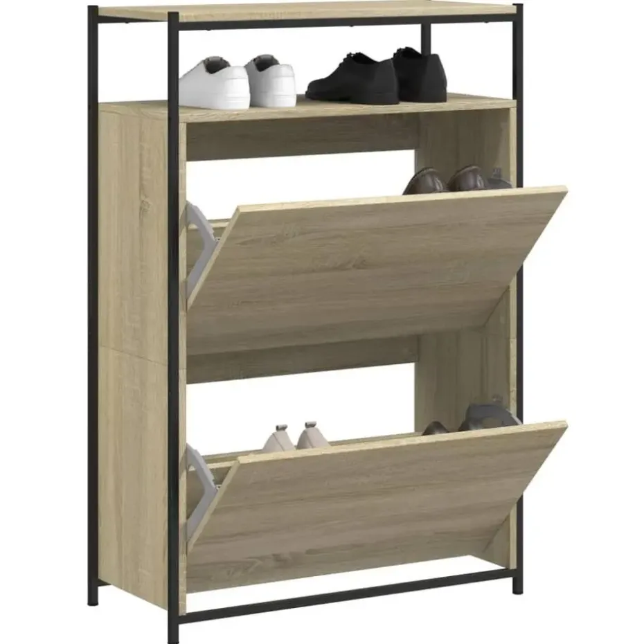 vidaXL - Schoenenkast 9 paar met 2 kleppen - Sonoma eiken - Hout - 75x34x112 cm