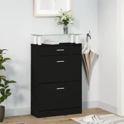vidaXL - Schoenenkast 4 paar met 3 kleppen en lade - Zwart met glazen bovenblad
