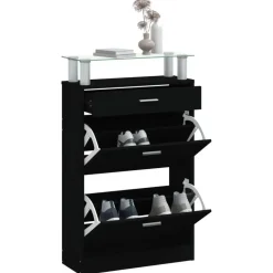 vidaXL - Schoenenkast 4 paar met 3 kleppen en lade - Zwart met glazen bovenblad