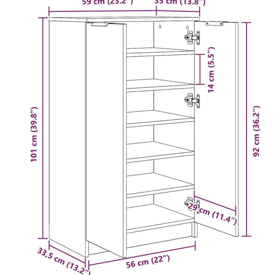 vidaXL - Schoenenkast met 2 deuren - Grijs sonoma eiken - Hout - 59x35x100.5 cm