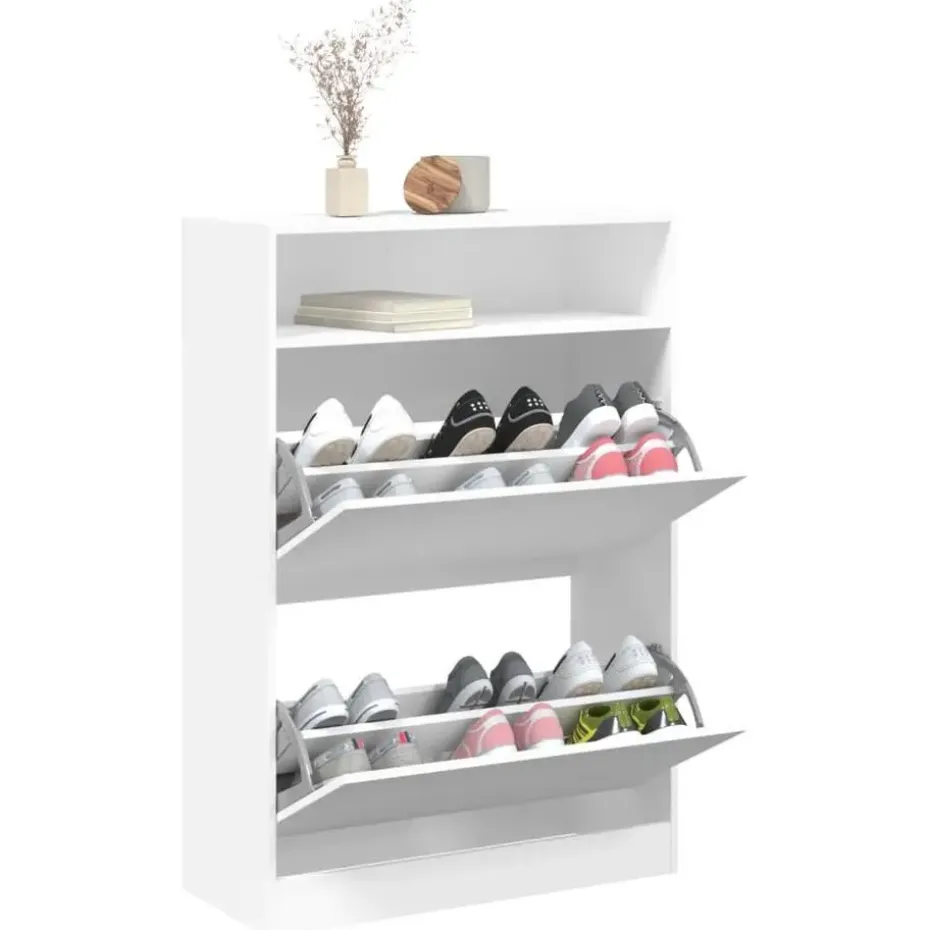 vidaXL - Schoenenkast met opbergvak en 2 kleppen 12 paar - Wit - 80x34x116 cm