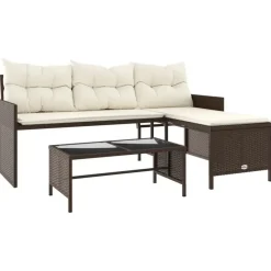 vidaXL - Tuinbank - Bruin - Poly rattan - L-vormig - Met tafel en kussens