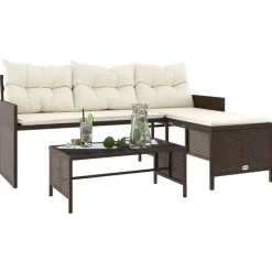 vidaXL - Tuinbank - Bruin - Poly rattan - L-vormig - Met tafel en kussens