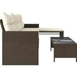 vidaXL - Tuinbank - Bruin - Poly rattan - L-vormig - Met tafel en kussens